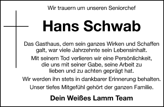 Traueranzeige von Hans Schwab von Hersbrucker Zeitung Lokal