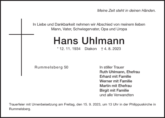 Traueranzeige von Hans Uhlmann von Der Bote