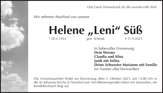 Traueranzeige von Helene Süß von Pegnitz-Zeitung