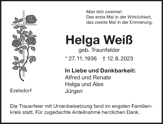 Traueranzeige von Helga Weiß von Der Bote
