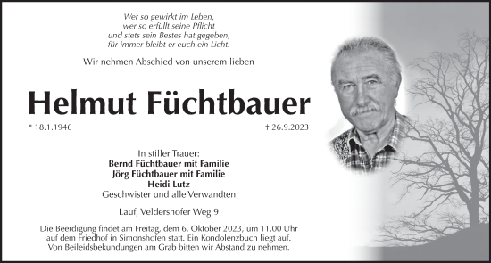 Traueranzeige von Helmut Füchtbauer von Pegnitz-Zeitung