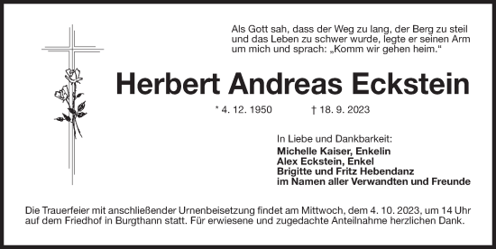 Traueranzeige von Herbert Andreas Eckstein von Der Bote