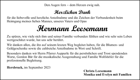 Traueranzeige von Hermann Leesemann von Hersbrucker Zeitung Lokal