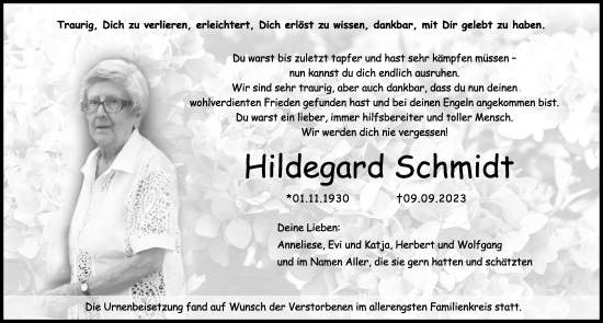 Traueranzeige von Hildegard Schmidt von Hersbrucker Zeitung Lokal