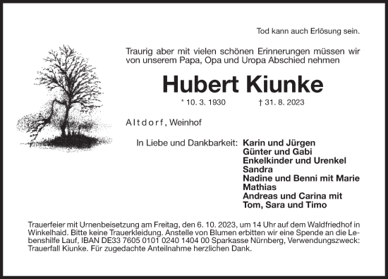 Traueranzeige von Hubert Kiunke von Der Bote