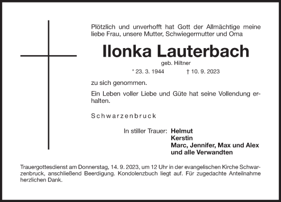 Traueranzeige von Ilonka Lauterbach von Der Bote