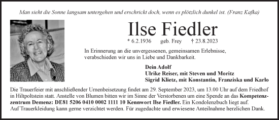 Traueranzeige von Ilse Fiedler von Pegnitz-Zeitung