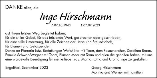 Traueranzeige von Inge Hirschmann von Hersbrucker Zeitung Lokal