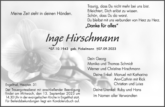Traueranzeige von Inge Hirschmann von Hersbrucker Zeitung Lokal