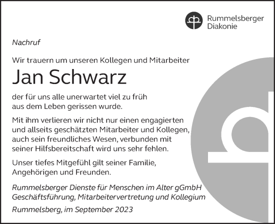 Traueranzeige von Jan Schwarz von Der Bote