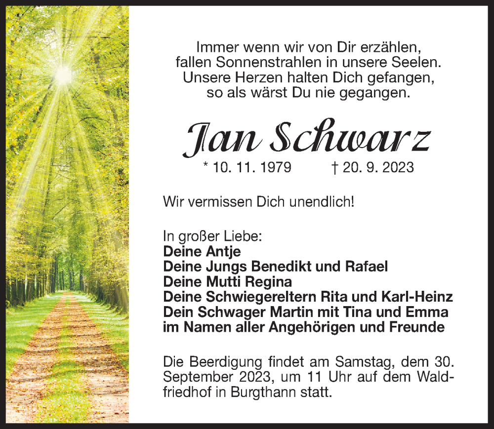  Traueranzeige für Jan Schwarz vom 27.09.2023 aus Der Bote
