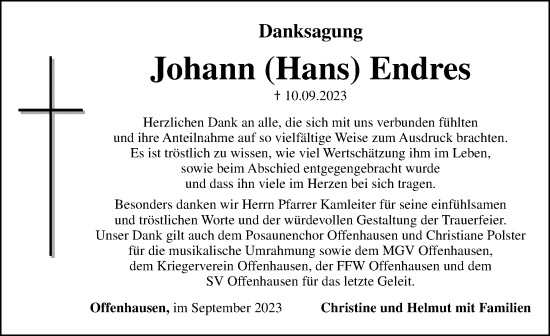Traueranzeige von Johann Endres von Hersbrucker Zeitung Lokal