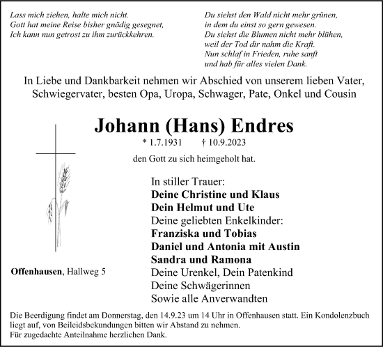 Traueranzeige von Johann Endres von Hersbrucker Zeitung Lokal