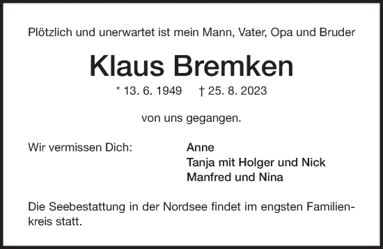 Traueranzeige von Klaus Bremken von Der Bote
