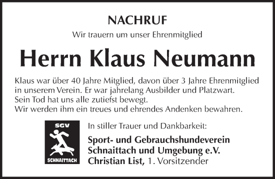 Traueranzeige von Klaus Neumann von Pegnitz-Zeitung
