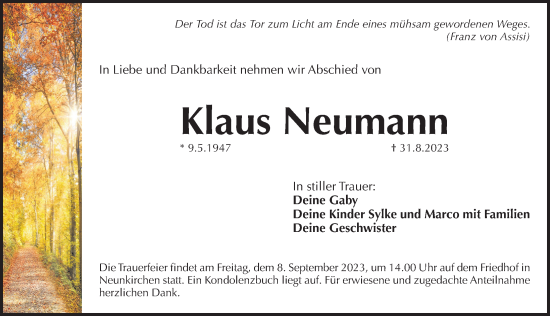Traueranzeige von Klaus Neumann von Pegnitz-Zeitung