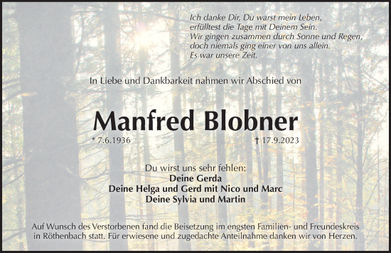 Traueranzeige von Manfred Blobner von Pegnitz-Zeitung