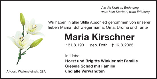 Traueranzeige von Maria Kirschner von Der Bote