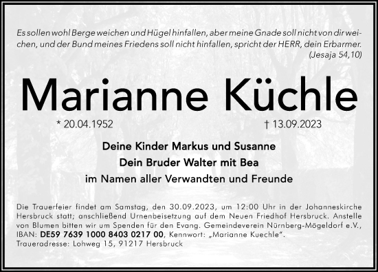 Traueranzeige von Marianne Küchle von Hersbrucker Zeitung Lokal