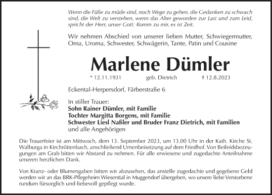 Traueranzeige von Marlene Dümler von Pegnitz-Zeitung