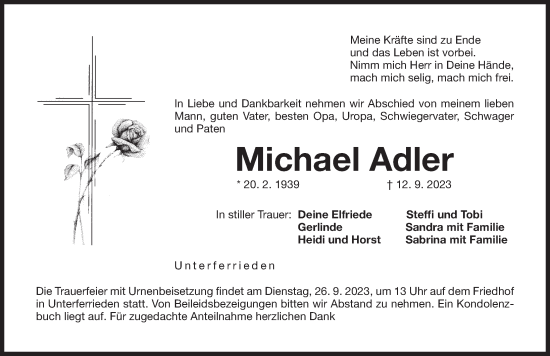 Traueranzeige von Michael Adler von Der Bote