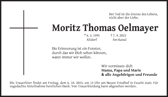 Traueranzeige von Moritz Thomas Oelmayer von Der Bote