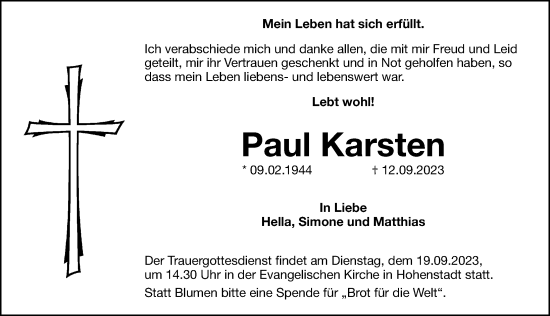 Traueranzeige von Paul Karsten von Hersbrucker Zeitung Lokal