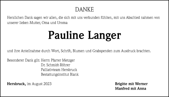 Traueranzeige von Pauline Langer von Hersbrucker Zeitung Lokal