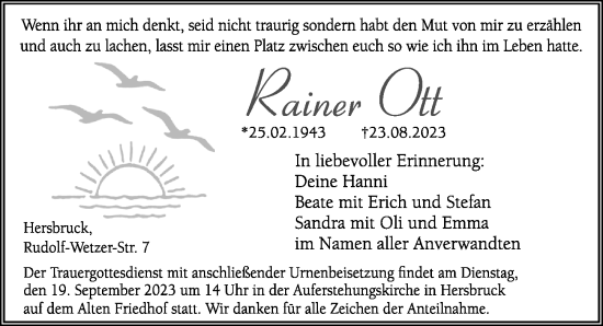 Traueranzeige von Rainer Ott von Hersbrucker Zeitung Lokal