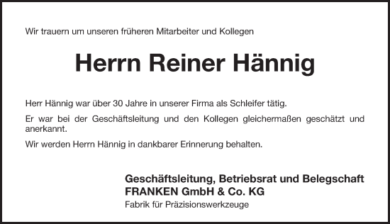 Traueranzeige von Reiner Hännig von Pegnitz-Zeitung