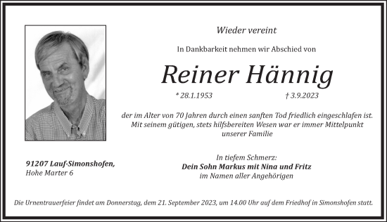 Traueranzeige von Reiner Hännig von Pegnitz-Zeitung