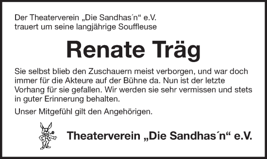 Traueranzeige von Renate Träg von Pegnitz-Zeitung
