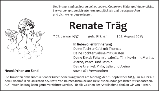 Traueranzeige von Renate Träg von Pegnitz-Zeitung