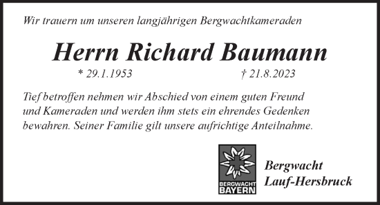 Traueranzeige von Richard Baumann von Pegnitz-Zeitung