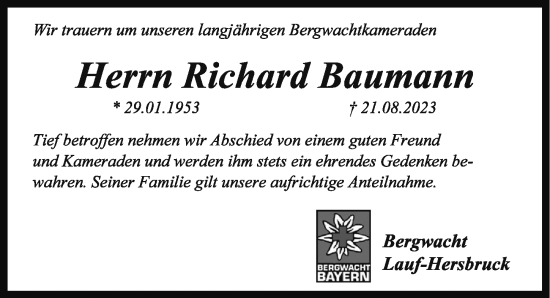 Traueranzeige von Richard Baumann von Hersbrucker Zeitung Lokal