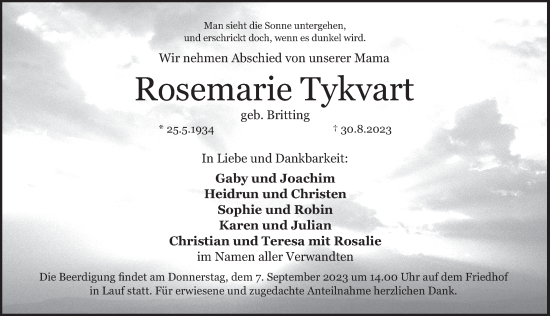 Traueranzeige von Rosemarie Tykvart von Pegnitz-Zeitung