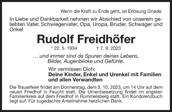 Traueranzeige von Rudolf Freidhöfer von Der Bote