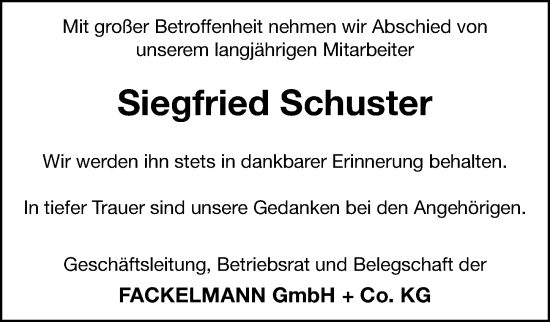 Traueranzeige von Siegfried Schuster von Hersbrucker Zeitung Lokal
