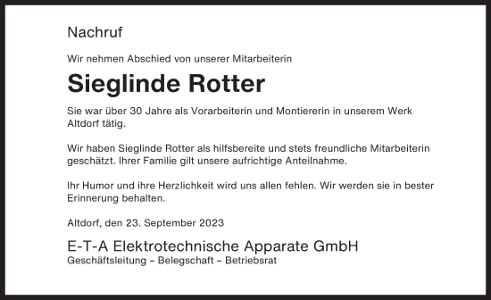 Traueranzeige von Sieglinde Rotter von Der Bote