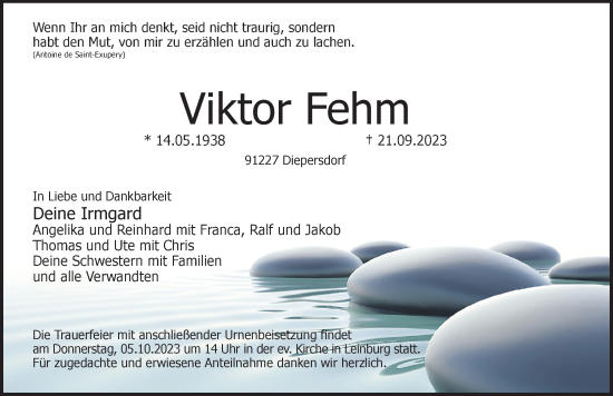 Traueranzeige von Viktor Fehm von Pegnitz-Zeitung