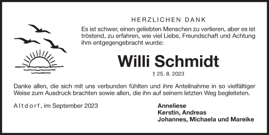 Traueranzeige von Willi Schmidt von Der Bote