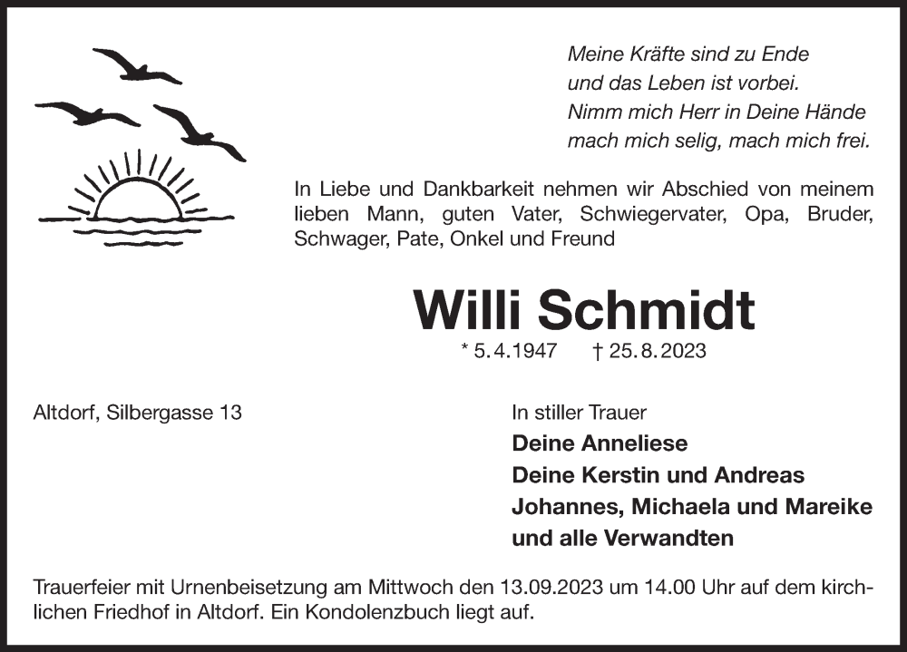  Traueranzeige für Willi Schmidt vom 09.09.2023 aus Der Bote