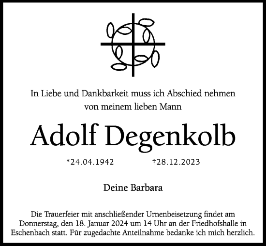 Traueranzeige von Adolf Degenkolb von Hersbrucker Zeitung Lokal