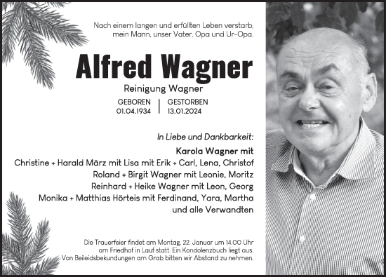 Traueranzeige von Alfred Wagner von Pegnitz-Zeitung