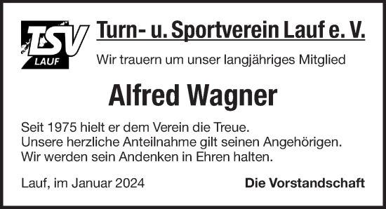 Traueranzeige von Alfred Wagner von Pegnitz-Zeitung