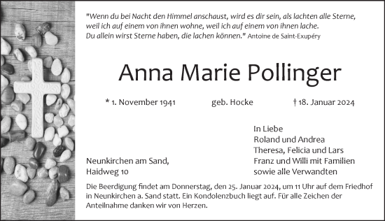 Traueranzeige von Anna Marie Pollinger von Pegnitz-Zeitung