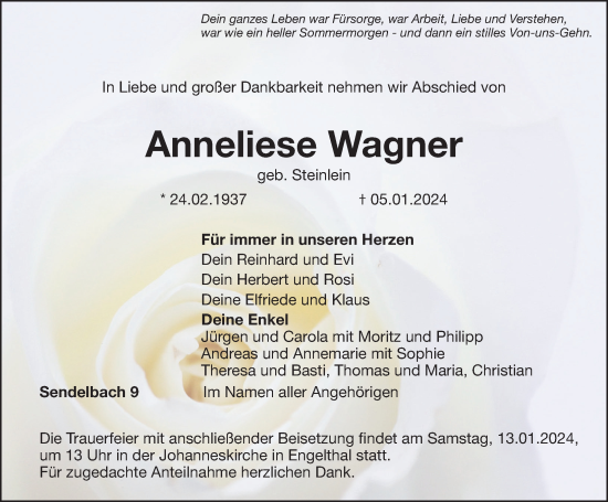 Traueranzeige von Anneliese Wagner von Hersbrucker Zeitung Lokal