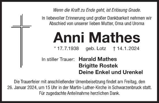 Traueranzeige von Anni Mathes von Der Bote