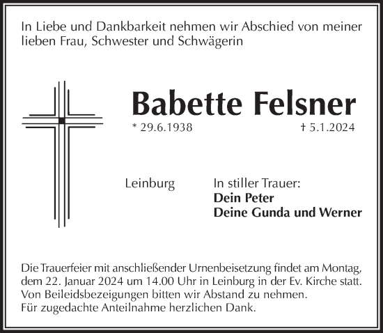 Traueranzeige von Babette Felsner von Pegnitz-Zeitung