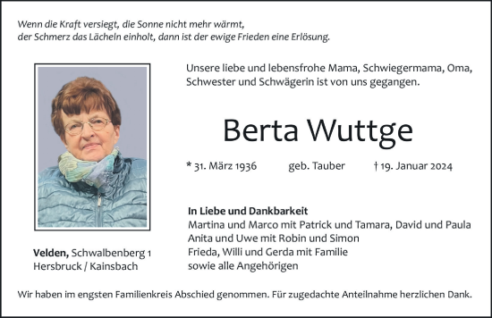 Traueranzeige von Berta Wuttge von Hersbrucker Zeitung Lokal